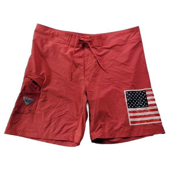 Columbia PFG Men 40 Coral Red American Flag Board Short Swim Zip Pocket Fishing - Picture 1 of 10